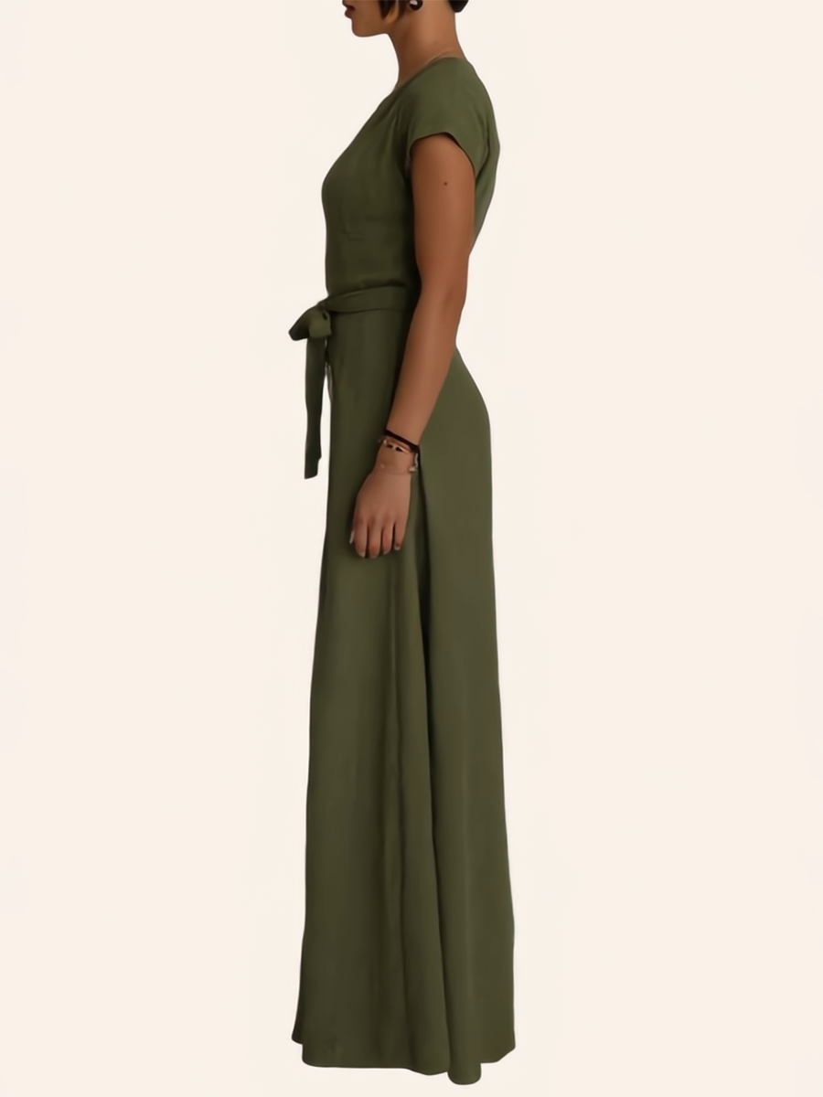 Combinaison plissée taille haute, à manches courtes, à poches, à taille nouée, à col en V, couleur unie