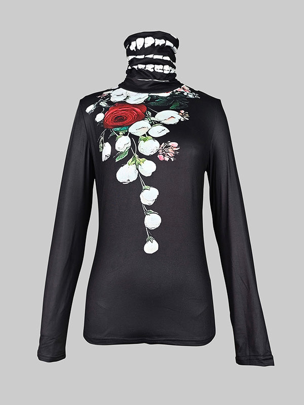 T-shirt à manches longues, coupe près du corps, à imprimé floral, à empiècements, à col haut