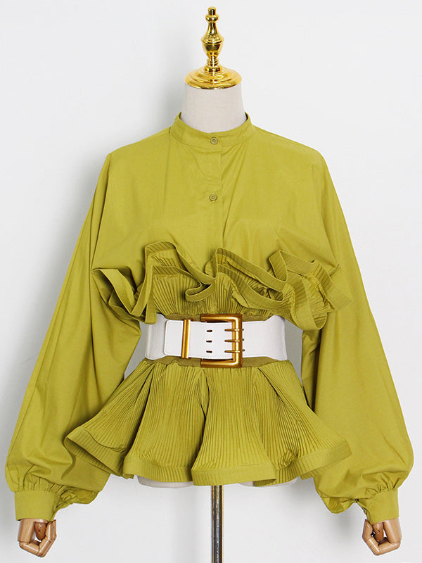 Chemisier élégant ample boutonné à manches longues, à falbalas, avec ceinture, à col montant, couleur unie