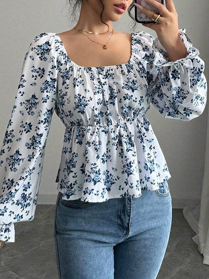 Chemisier plissé volanté à taille élastique, taille haute, à imprimé floral, à empiècements, à col carré, couleur contrastée