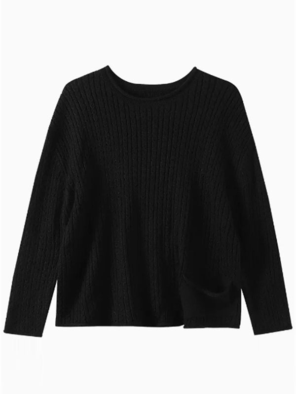 Pull artistique ample rétro, à manches longues, en jacquard, à col rond, couleur unie