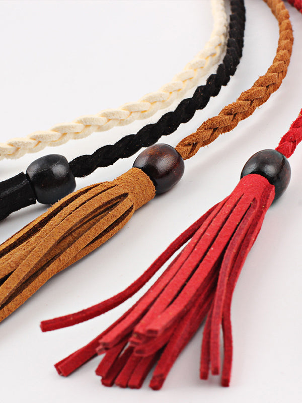 Ceinture de couleur unie à pompons en cuir artificiel de Bohême