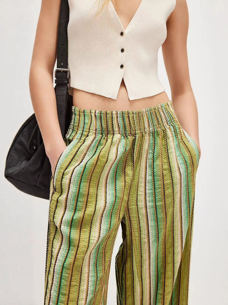 Pantalon imprimé rayé à taille élastique, taille haute, à empiècements, couleur contrastée