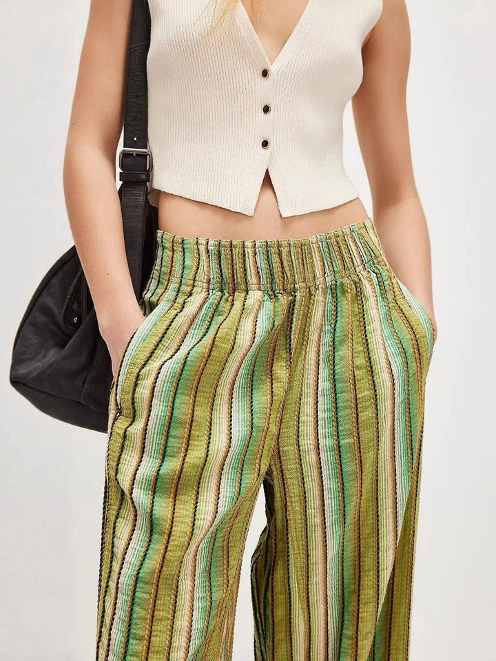 Pantalon imprimé rayé à taille élastique, taille haute, à empiècements, couleur contrastée