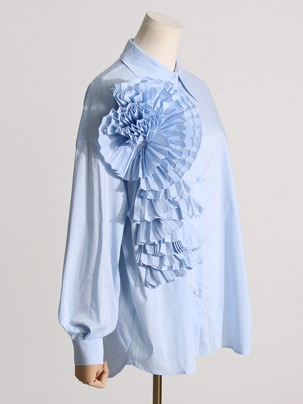 Chemisier ample asymétrique boutonné plissé à manches longues, à empiècements, à fleurs en 3D, à col revers, couleur unie