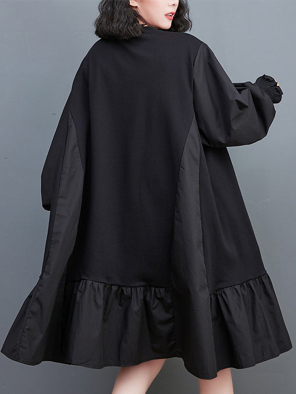 Robe mi-longue ample plissée à manches bouffantes, à empiècements, à col rond, couleur unie