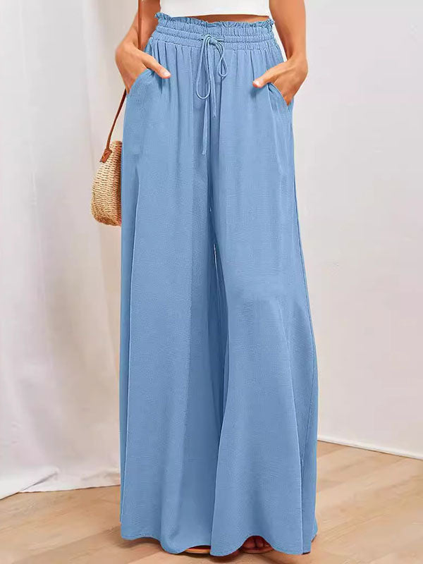 Pantalon ample taille haute, à cordon de serrage, à taille élastique, à poches, couleur unie