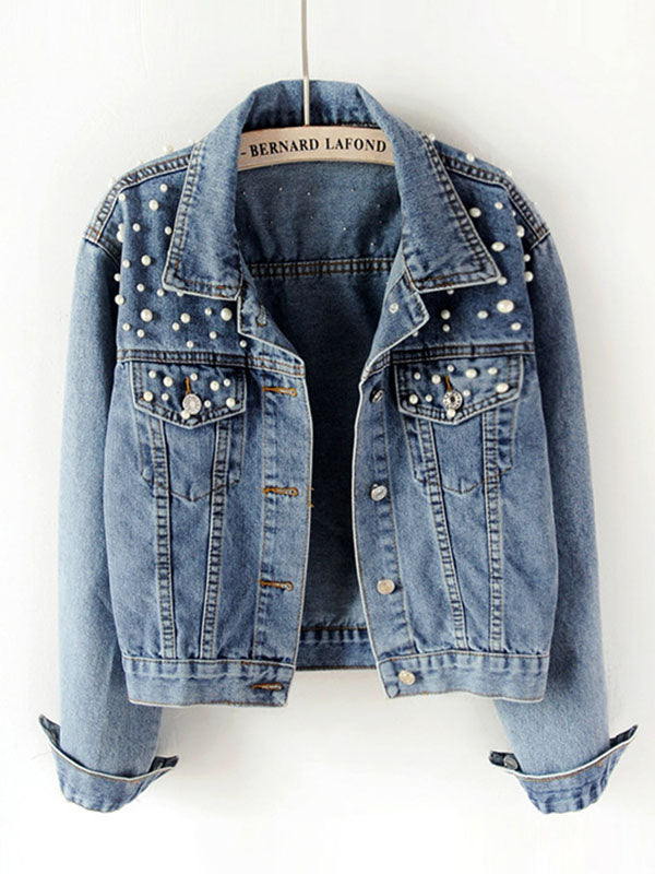 Veste à manches longues, à empiècements, à col revers, en jean