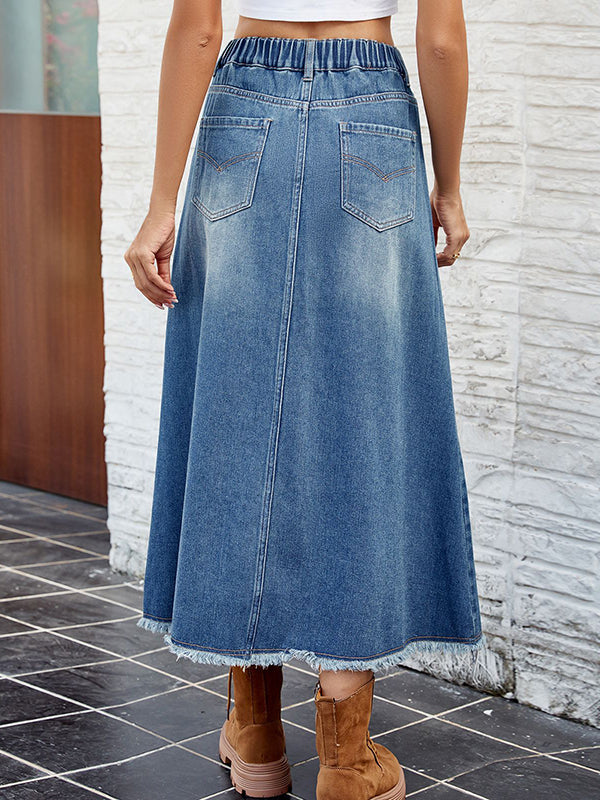 Jupe ample boutonnée coupe trapèze, à taille élastique, à franges, à poches, à empiècements