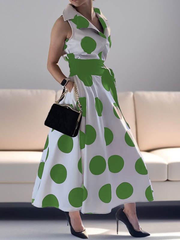 Robe chemise coupe trapèze, sans manches, à pois, à empiècements, à taille nouée, à col revers