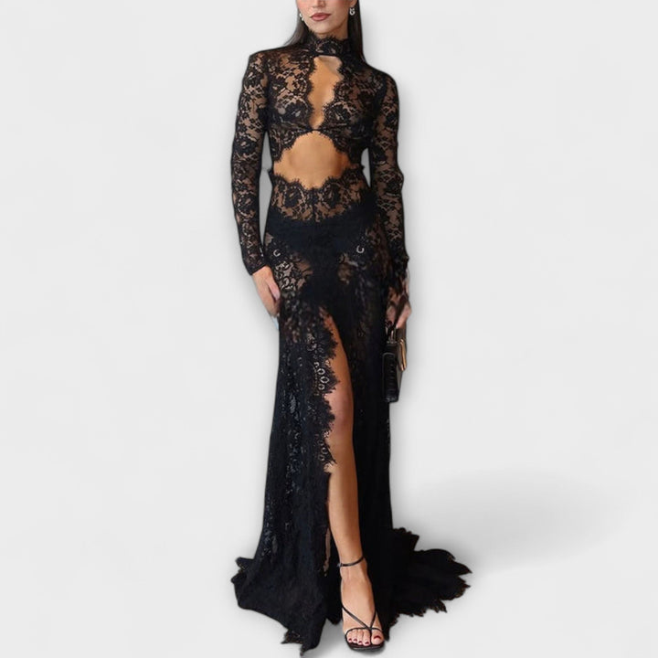Azalee - Élégance de Minuit Robe Maxi Longue à Découpes Transparentes