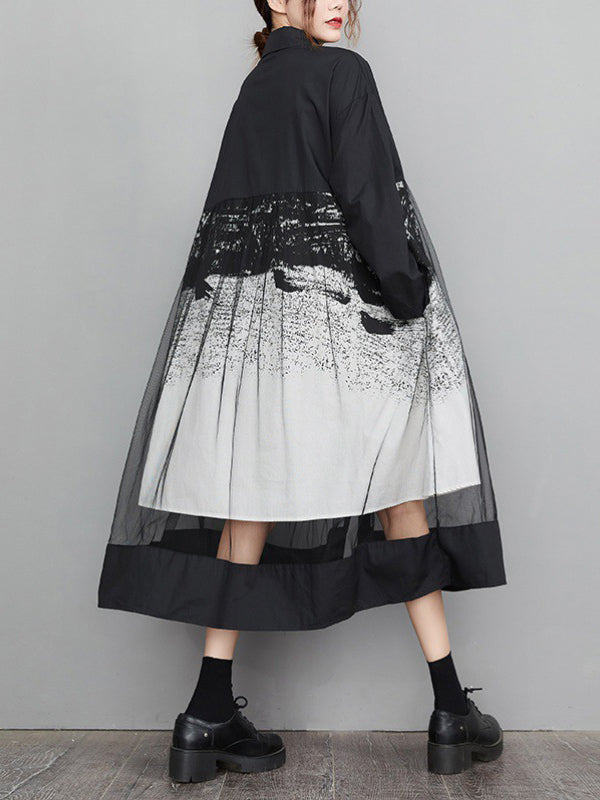 Robe mi-longue boutonnée imprimée coupe trapèze, à manches longues, en gaze, à empiècements, à col revers