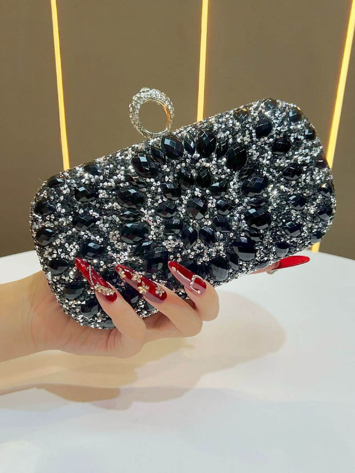Pochette de soirée géométrique brillante à chaîne, à cadenas, à strass