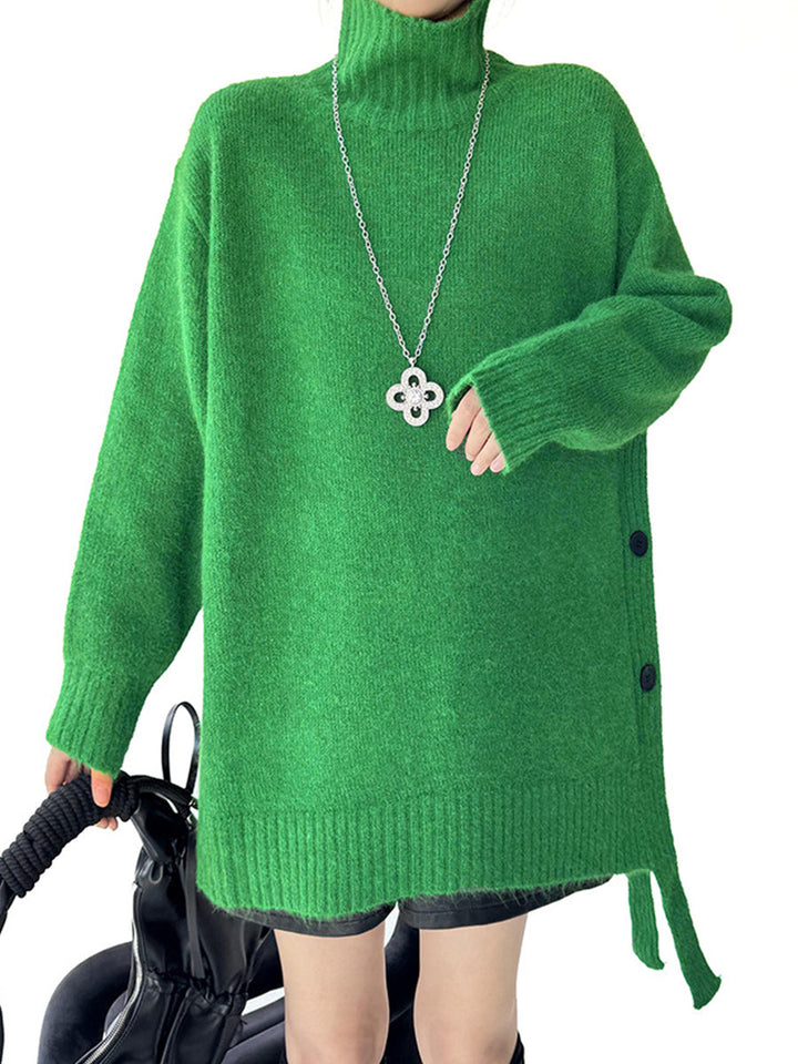 Irrégularité Manches Longues Côtes Boutonnées Couleur Unie Joint Fendu Col Haut Pull Hauts
