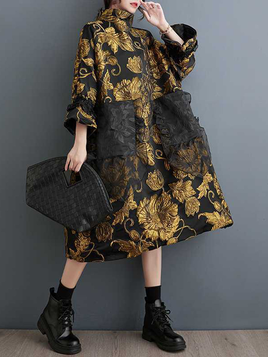 Robe mi-longue coupe trapèze, à manches évasées, à imprimé floral, en jacquard, à poches, à col haut, couleur contrastée