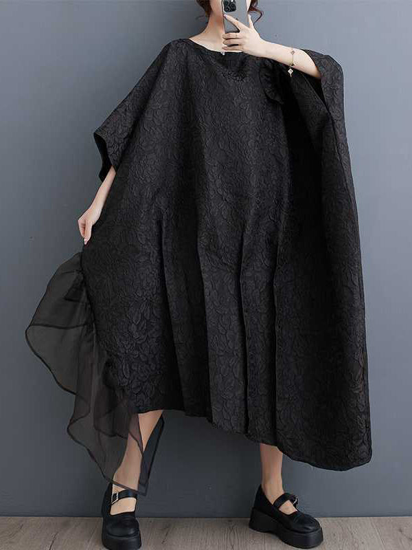 Robe mi-longue ample asymétrique plissée à manches chauve-souris, en forme de fleur, en gaze, en jacquard, à empiècements, à col rond, couleur unie