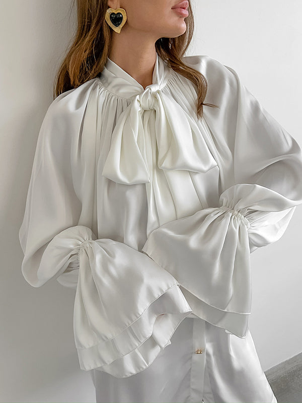 Robe courte boutonnée plissée nouée coupe trapèze, à manches évasées, à taille élastique, à fermeture éclair, à col montant, couleur unie