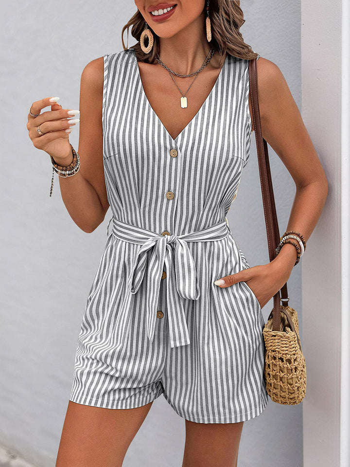 Combishort boutonné rayé à taille élastique, taille haute, à poches, à taille nouée, à col en V