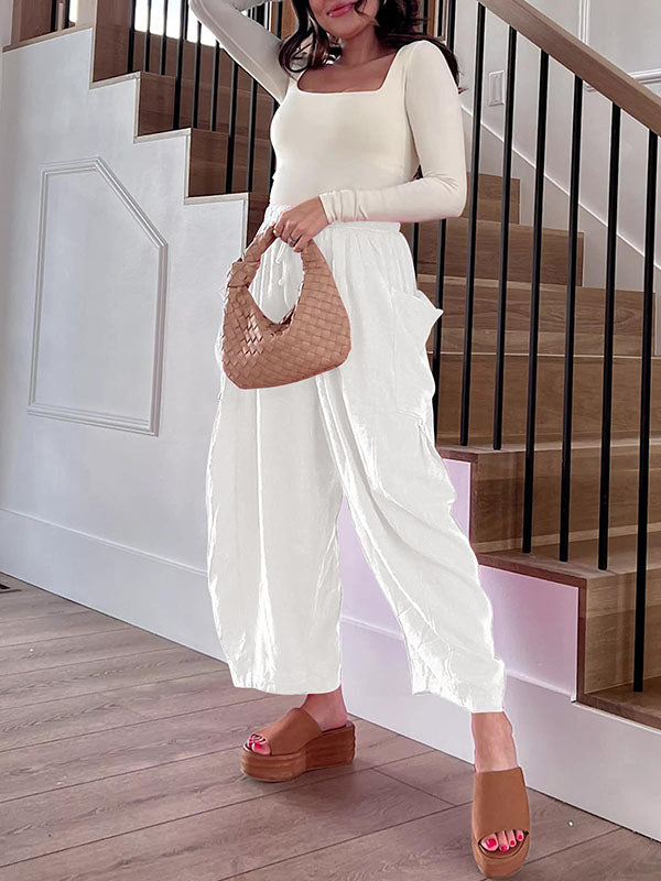 Pantalon ample plissé taille haute, à cordon de serrage, à taille élastique, à poches, couleur unie
