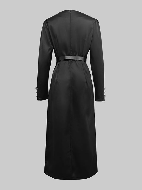 Robe mi-longue boutonnée à manches longues, à manches bouffantes, à décolleté en V profond, couleur unie