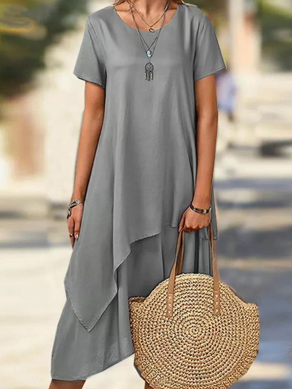 Robe mi-longue asymétrique grande taille, à manches courtes, à empiècements, à col rond, couleur unie