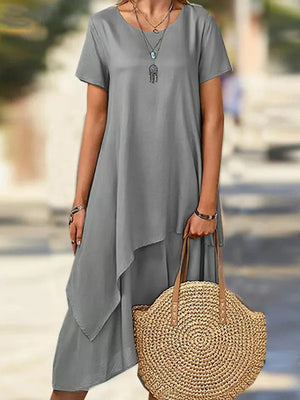 Robe mi-longue asymétrique grande taille, à manches courtes, à empiècements, à col rond, couleur unie