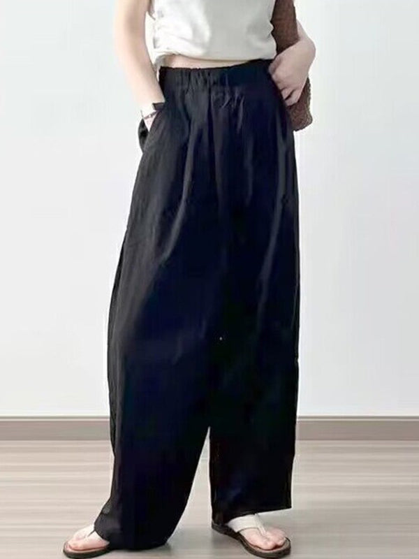 Pantalon ample plissé taille haute, à taille élastique, à poches, couleur unie