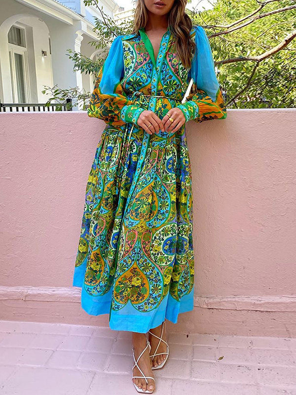 Robe mi-longue ample taille haute, à manches bouffantes, avec ceinture, à imprimé floral, à col revers