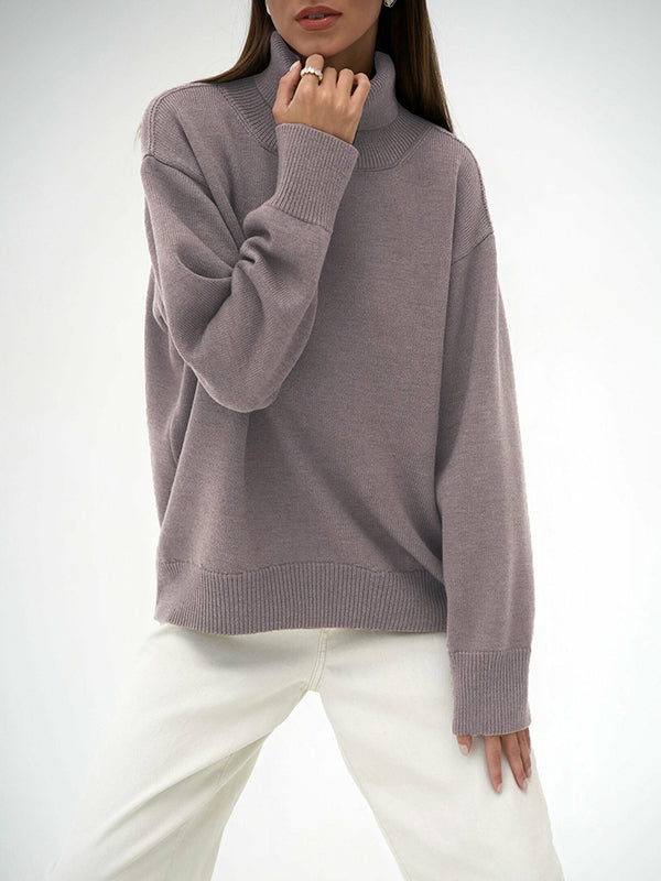 Pull en maille ample à manches longues, à col haut, couleur unie