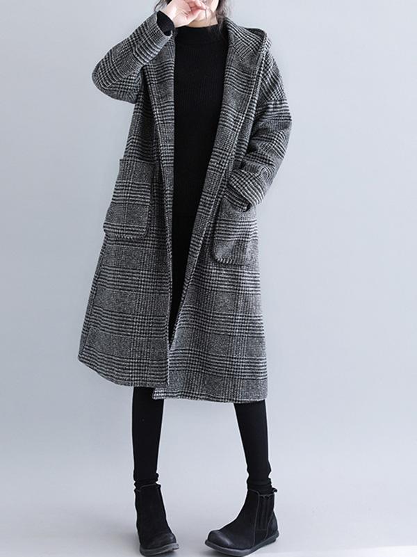 Manteau ample à capuche en laine à carreaux