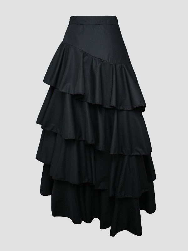 Jupe longue coupe trapèze, taille haute, à falbalas, couleur unie