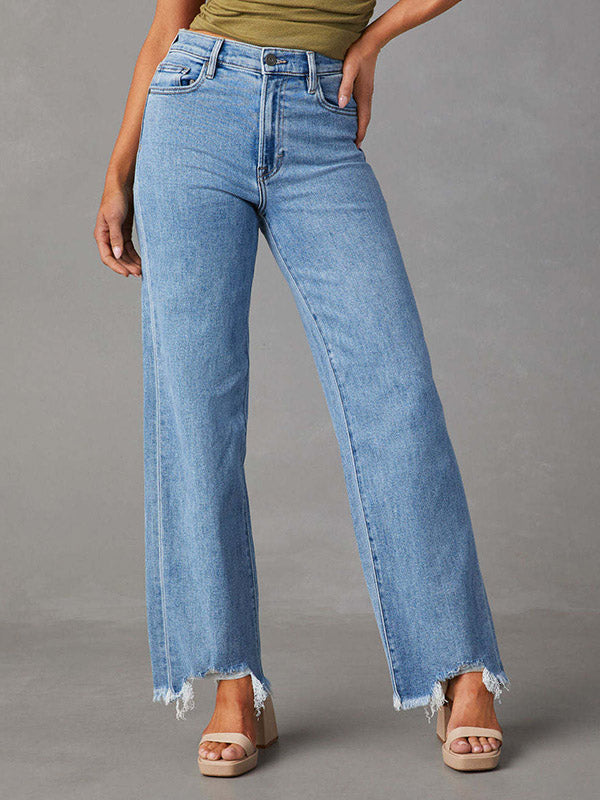 Jean taille haute, à jambes droites, à franges, à empiècements