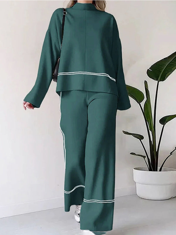 Ensemble deux pièces fendu sur le côté à ourlet plongeant, à col rond, taille haute, couleur contrastée – pull + haut + pantalon