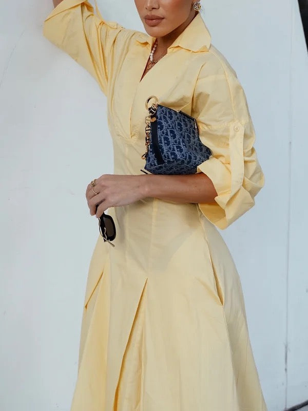 Robe chemise plissée coupe trapèze, taille haute, à col en V, couleur unie