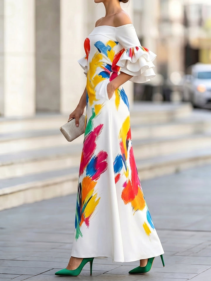 Robe longue imprimée à fermeture éclair, à poches, à taille élastique, à manches volantées, à manches mi-longues, à épaules dénudées, couleur contrastée