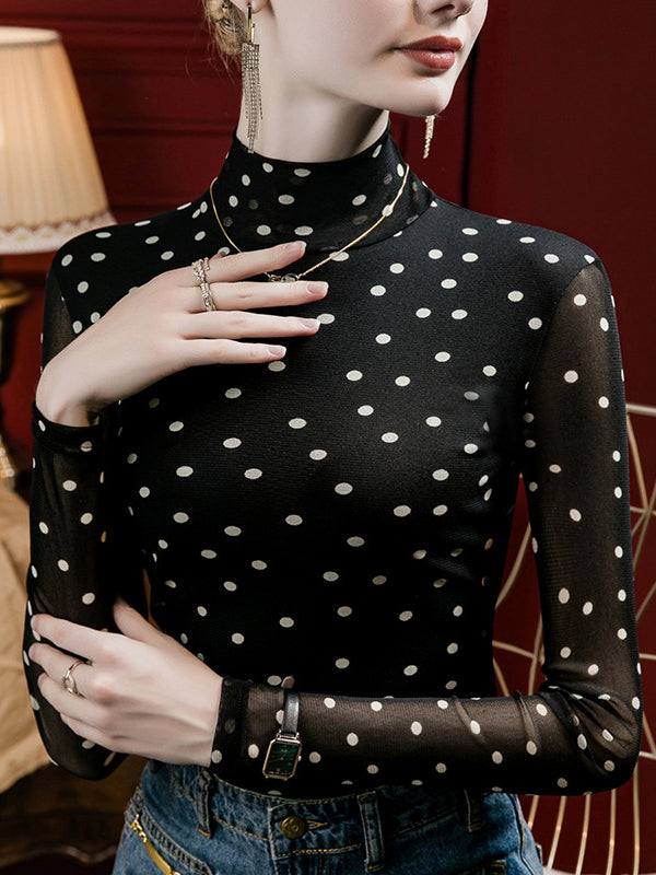 T-shirt à manches longues, grande taille, à pois, à col cheminée