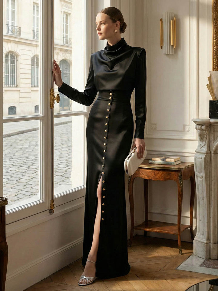 Ensemble deux pièces plissé asymétrique boutonné fendu sur le côté à empiècements, à col bénitier, à manches longues, à taille élastique, à fermeture éclair, couleur contrastée – chemisier + jupe