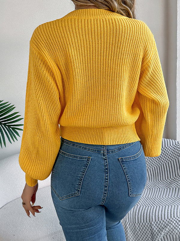 Taille élastiquée manches longues câble tricot couleur unie col rond haut en tricot pull hauts