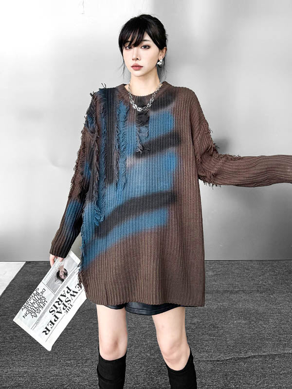 Irrégularité manches longues imprimé abstrait asymétrique contraste couleur fendue glands col rond pull hauts