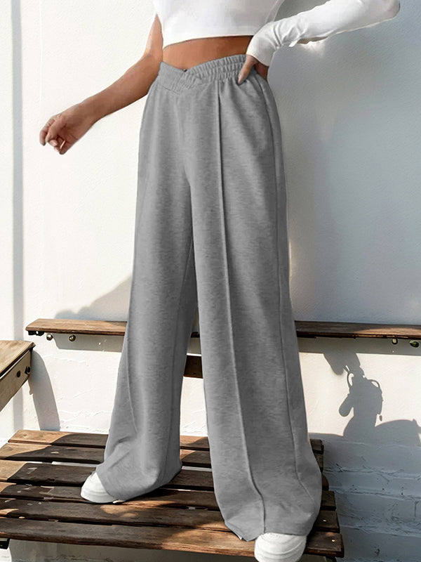 Pantalon ample taille haute, à taille élastique, couleur unie