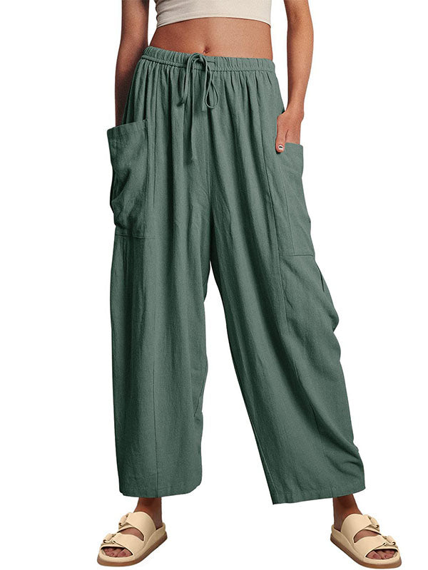 Pantalon ample plissé taille haute, à cordon de serrage, à taille élastique, à poches, couleur unie