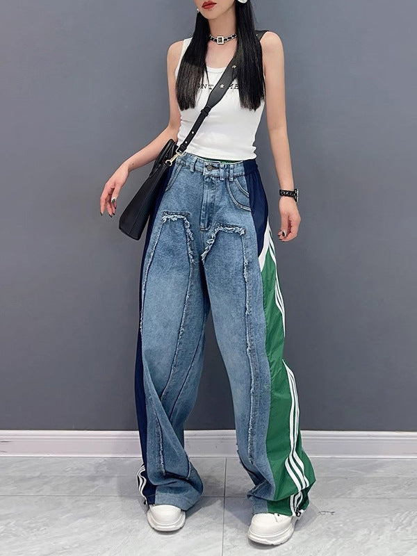 Jean ample à jambes larges, à cordon de serrage, à taille élastique, à franges, à empiècements, couleur contrastée