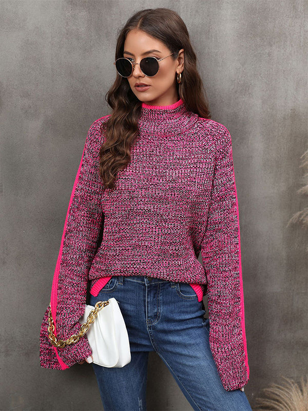 Pull décontracté à manches longues, ample, couleur contrastée, demi-col roulé