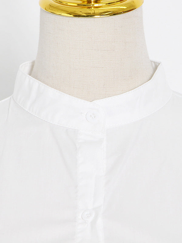 Chemisier élégant ample boutonné à manches longues, à falbalas, avec ceinture, à col montant, couleur unie