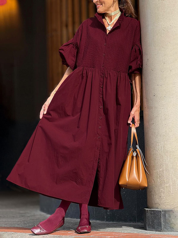 Robe longue boutonnée plissée ample à taille nouée, à manches mi-longues, à col montant, couleur unie