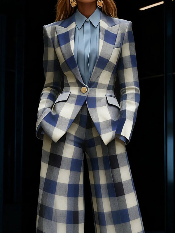Blazer ample boutonné à manches longues, à carreaux, à poches, à col cranté, couleur contrastée