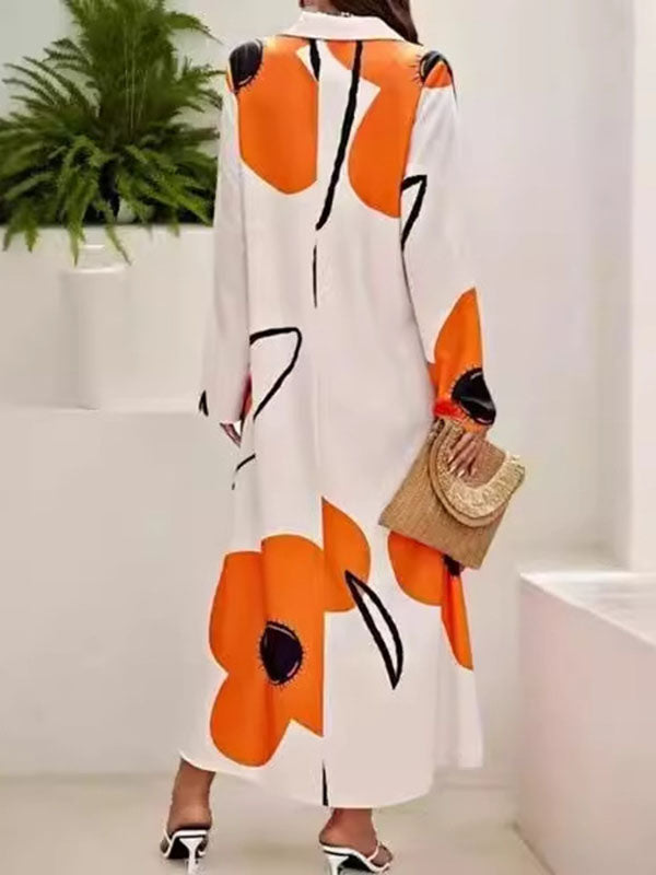 Robe chemise ample à manches longues, à imprimé floral, à empiècements, à col revers
