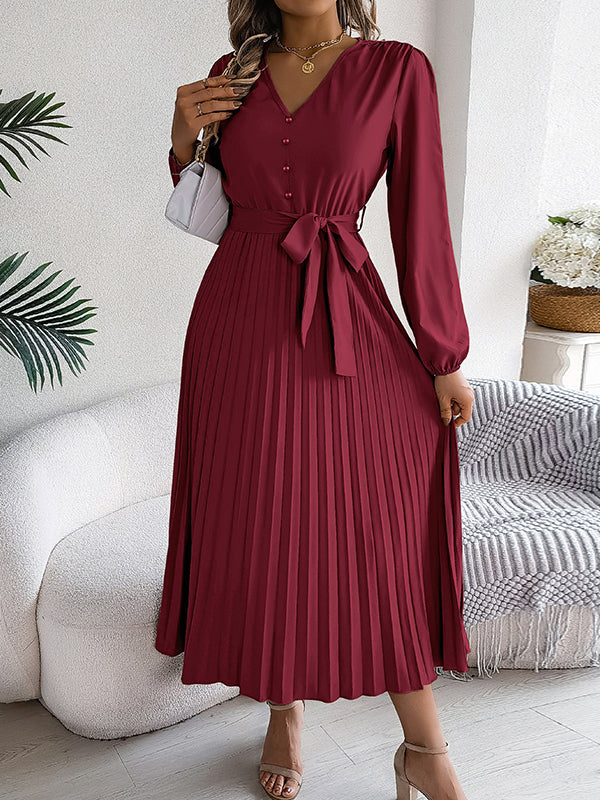 Robe longue boutonnée plissée taille haute, à manches longues, avec ceinture, à col en V, couleur unie