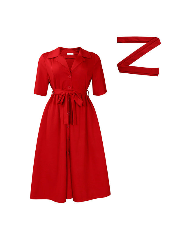Robe mi-longue ample plissée coupe trapèze, à poches, à taille nouée, à col cranté, couleur unie