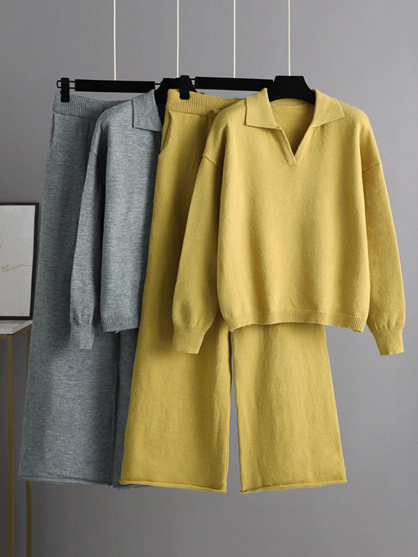 Ensemble deux pièces urbain à manches longues, col polo, à jambes larges, couleur unie – pull + pantalon